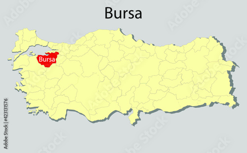 Map of Turkey where Bursa province is pulled out, isolated on background