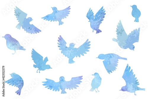 綺麗な青色の水彩の鳥セット
