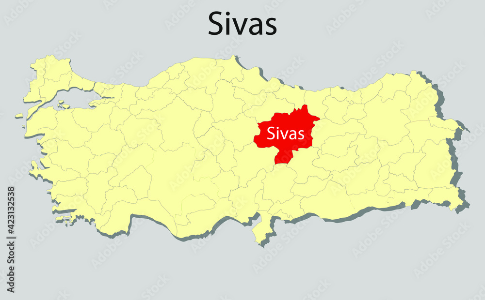 Fototapeta premium Map of Turkey where Sivas province is pulled out, isolated on background
