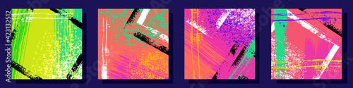 set of abstract bright neon posters in the shape of a square. colorful brush strokes and splashes of paint in the grunge style. background, template, cover to attract attention. stock vector.