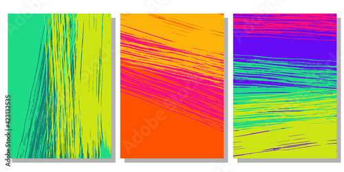 set of abstract bright neon posters, templates, and covers. wide multi-colored brush strokes in the grunge style. it can be used as an abstract background to attract attention. stock vector.