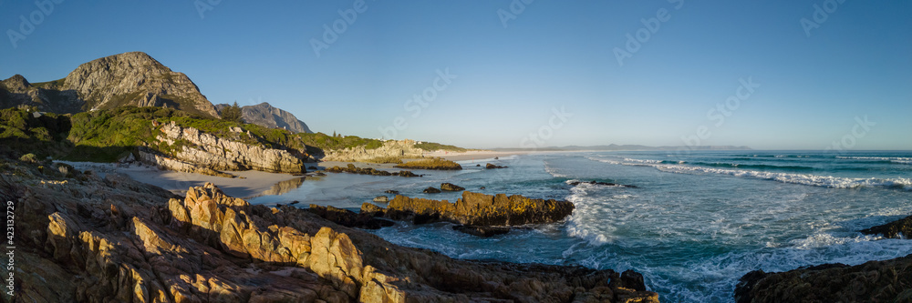The glorious Hermanus coastline showing Grotto Beach in the distance. Whale Coast. Overberg. Western Cape. South Africa