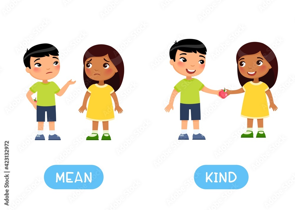 Opposites concept, MEAN and KIND. Word card for English language learning, flashcard with antonyms. Greedy Asian boy hides an apple from an Indian little girl. Opposites concept, MEAN and KIND. Word card for English language learning, flashcard with antonyms. Greedy Asian boy hides an apple from an Indian little girl.
