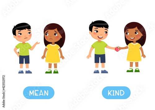 Opposites concept, MEAN and KIND. Word card for English language learning, flashcard with antonyms. Greedy Asian boy hides an apple from an Indian little  girl. 