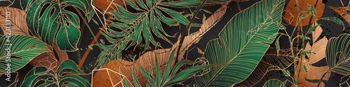 Palm leaves, gold, black, white marble template, artistic covers design, colorful texture, modern backgrounds. Minim pattern, graphic brochure. Luxury illustration