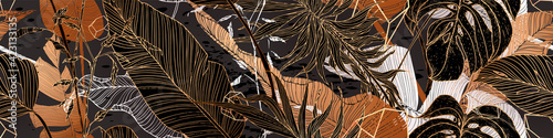 Palm leaves, gold, black, white marble template, artistic covers design, colorful texture, modern backgrounds. Minim pattern, graphic brochure. Luxury illustration