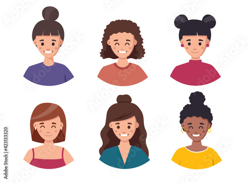 Women avatar set illustration. Set of cute girls with different hairstyles and hair color illustration face avatar collection