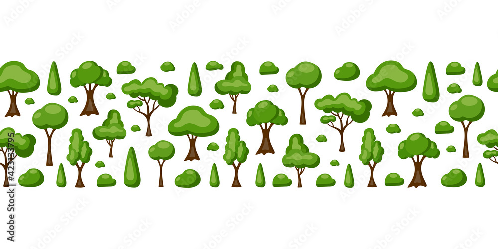 Naklejka Colorful strip of cartoon green trees and stones isolated on white background. Modern horizontal seamless pattern. Vector illustration