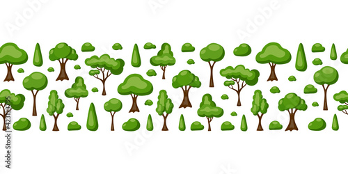Colorful strip of cartoon green trees and stones isolated on white background. Modern horizontal seamless pattern. Vector illustration