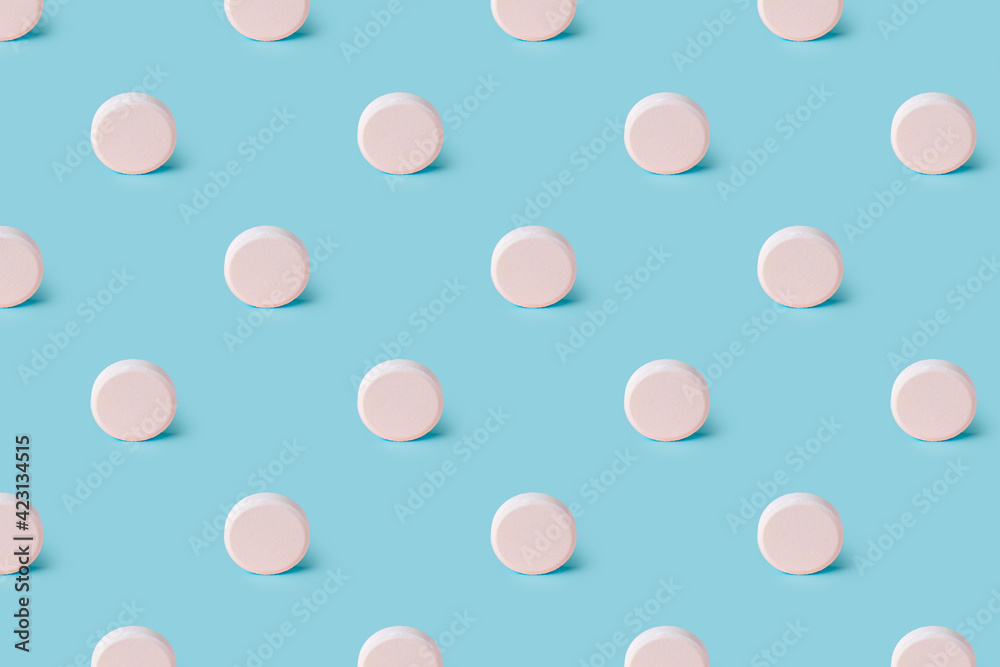 Trendy Sky Blue color in medical photo background with white pill. Seamless background for design. 