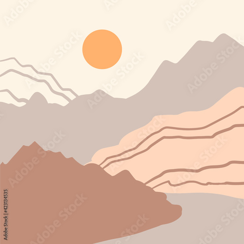 Aesthetic landscape with mountains. Boho wall decor. Minimalist poster. Hand drawn vector illustration. Mid century art print. Earth tones.