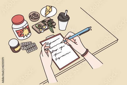 Healthy lifestyle, daily ration, ingredients concept. Top view of female hands writing daily menu with vegan healthy fresh ingredients and vitamins drugs for healthcare vector illustration 