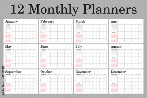 Monthly planners A4 size, set of 12 planner pages, great for dairies organizers, bullet journal.