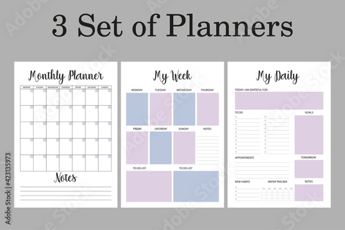 Daily, weekly,  monthly planners set, 3 planner pages A4 sizes. Pages for bullet journal, notebook.