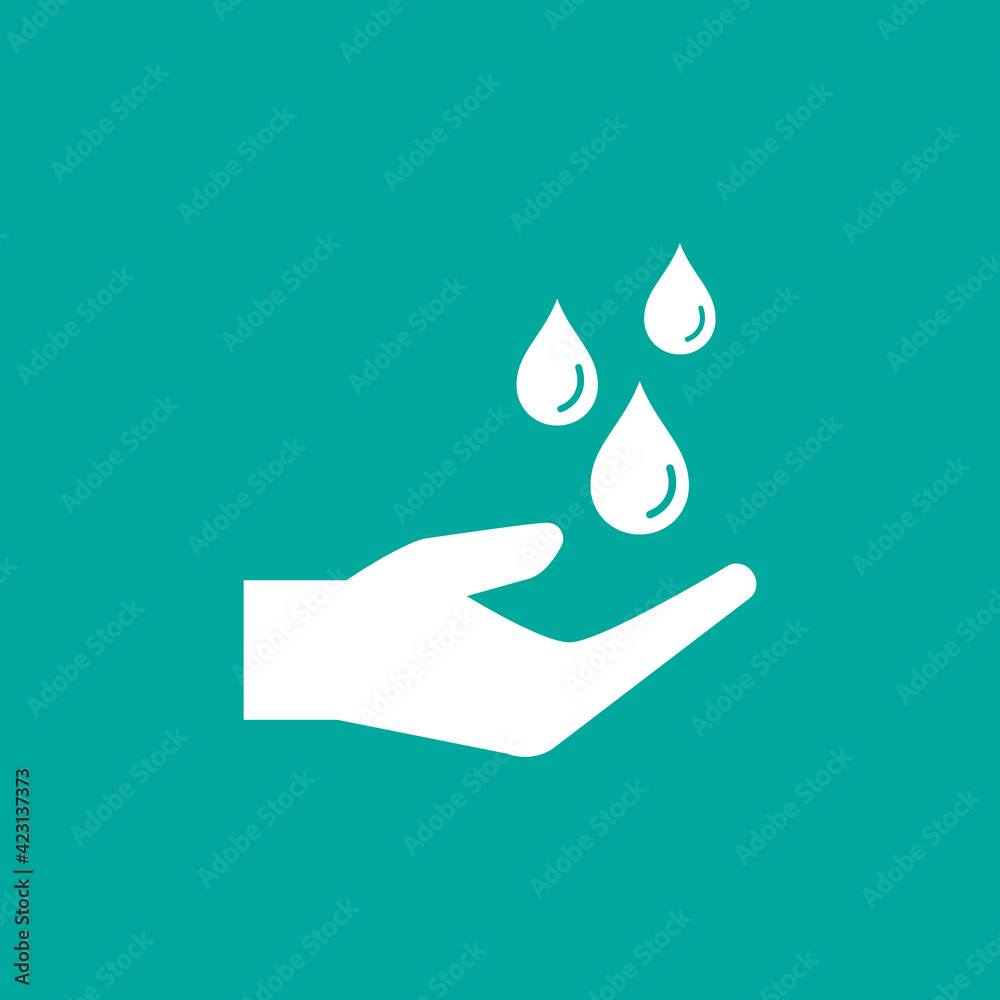 Wash hands sign. Gel sanitizer, disinfection pictogram. Hand with drops of water. Health protection sign. Wash hands sign. Gel sanitizer, disinfection pictogram. Hand with drops of water. Health protection sign.