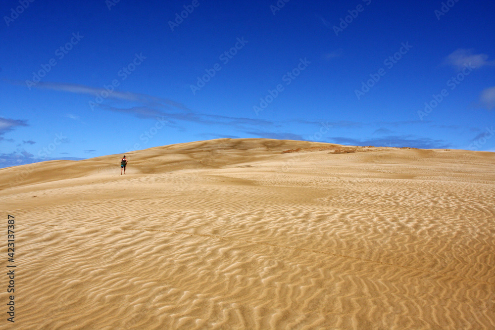 Lonely man silhouette walking in the dunes, blue sky background Lonely man silhouette walking in the dunes, blue sky background