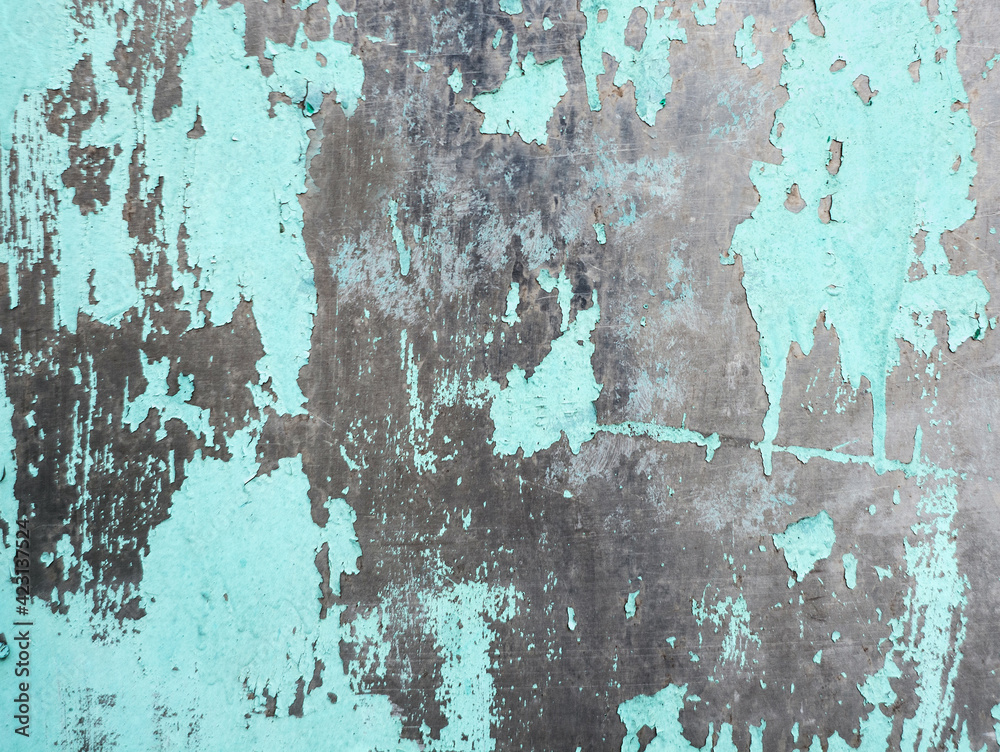 Texture worn old metal aluminum with peeling green paint falling off