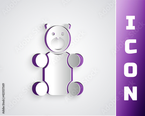 Paper cut Jelly bear candy icon isolated on grey background. Paper art style. Vector