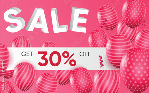 3d poster of Sale realistic design. Get 30 percent off discount offer price website background. Shopping, retail, marketing promotion, save money concept. Vector illustration of advertising web banner