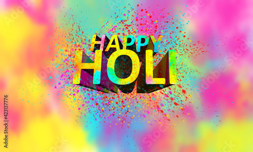 happy holi 3d text with vibrant dry smoke colors