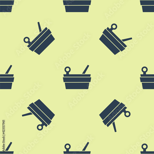 Blue Sauna bucket and ladle icon isolated seamless pattern on yellow background. Vector