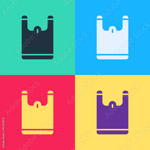 Pop art Plastic bag icon isolated on color background. Disposable cellophane and polythene package prohibition sign. Vector