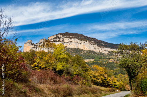 French countryside. Treschenu-Creyers: view of the heights of the Vercors, the marly hills and the valley Val de Drome. photo