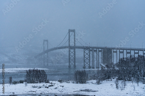 A bridge in Norway during heavy snowfall