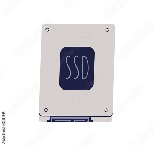 SSD card for data storage. Top view of solid-state drive isolated on white. Computer hardware part. Colored flat vector illustration of internal PC component