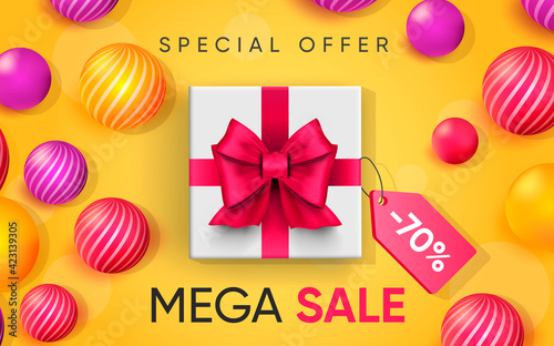 3d poster of Mega Sale realistic design. Special offer to 70 percent discount price tag website background. Shopping, customer gifts, loyalty program. Vector illustration of advertising web banner