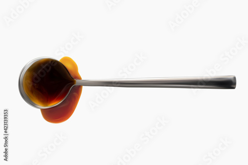 Teriyaki and soy sauce on spoon realistic 3d vector illustration isolated on white background. Portion of sauce. Close-up seasoning and dip