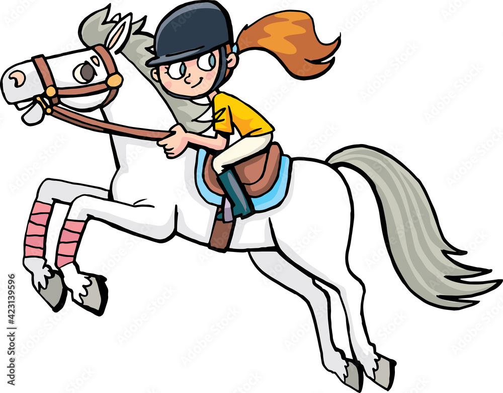 girl jockey on a horse jumps over an imaginary obstacle