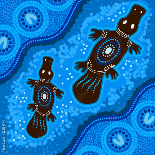 Blue aboriginal artwork with mother platypus and baby