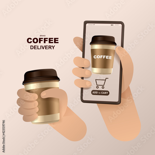 Online concept. Coffee shop delivery on mobile. Food and drink order application. Vector illustration.