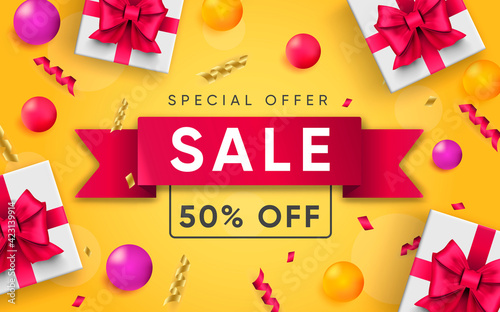 3d poster of Sale to 50 percent off discount prices realistic design. Special offer website background. Attracting new customers, gifts, loyalty program. Vector illustration of advertising web banner