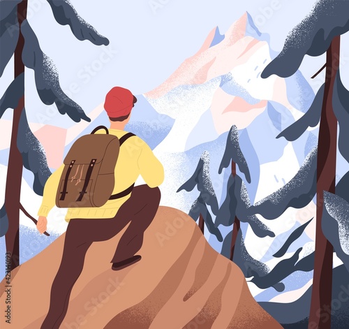 Aspiration to horizons, goals and discoveries concept. Backpacker climbing on top of mountains. Person standing at peak and dreaming about achieving new aims. Colored flat vector illustration