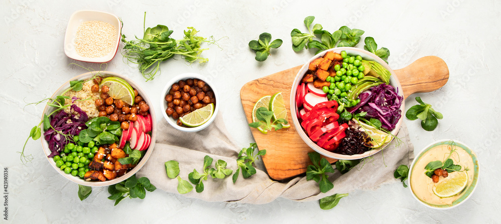 Tasty colorful vegan poke bowl on light gray background. Tasty colorful vegan poke bowl on light gray background.