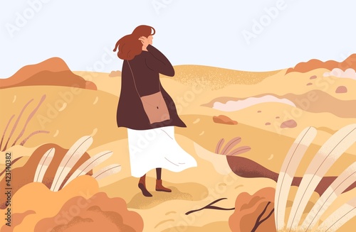 Lost confused person wandering alone through her ruined life. Concept of exploring unknown areas, beginning smth new and starting from scratch. Colored flat vector illustration of woman in wilderness