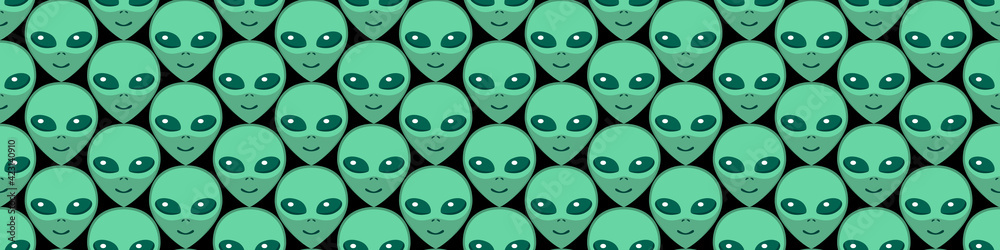 Seamless pattern with Aliens green heads. UFO, Humanoids endless backdrop isolated. Smiling visitors, Martians. Vector illustration, wallpaper on theme of space, conspiracy theory, Sci-fi, fantastic Seamless pattern with Aliens green heads. UFO, Humanoids endless backdrop isolated. Smiling visitors, Martians. Vector illustration, wallpaper on theme of space, conspiracy theory, Sci-fi, fantastic