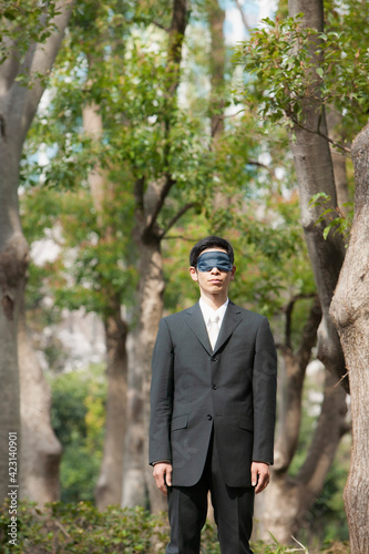 Blindfolded businessman in park with trees
