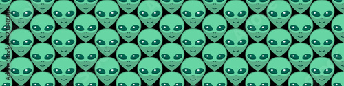 Seamless pattern with Aliens green heads. UFO, Humanoids endless backdrop isolated. Smiling visitors, Martians. Vector illustration, wallpaper on theme of space, conspiracy theory, Sci-fi, fantastic