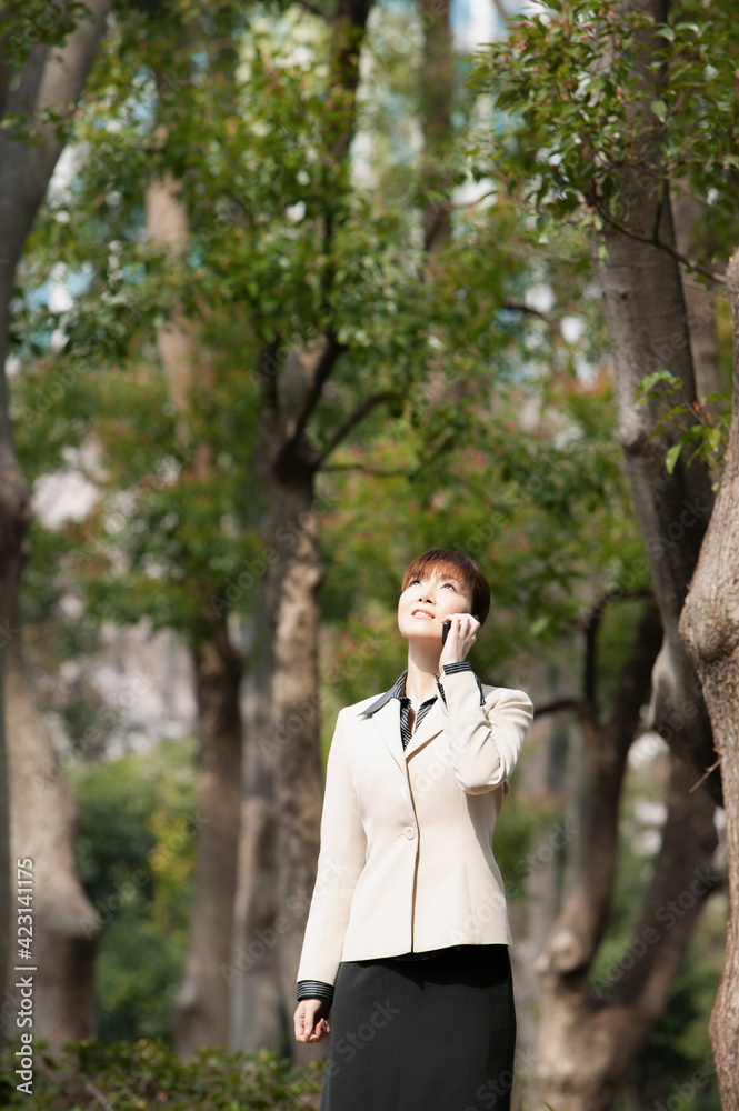 Businesswoman talking on smart phone below trees in park
Businesswoman talking on smart phone below trees in park