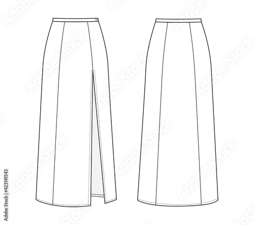 Fashion technical draing of long skirt with high slit photo
