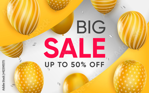 3d poster of Big Sale with to 50 percent off in realistic design. Promotional flyer template for shop website background. Purchases, discount prices. Vector illustration of advertising web banner