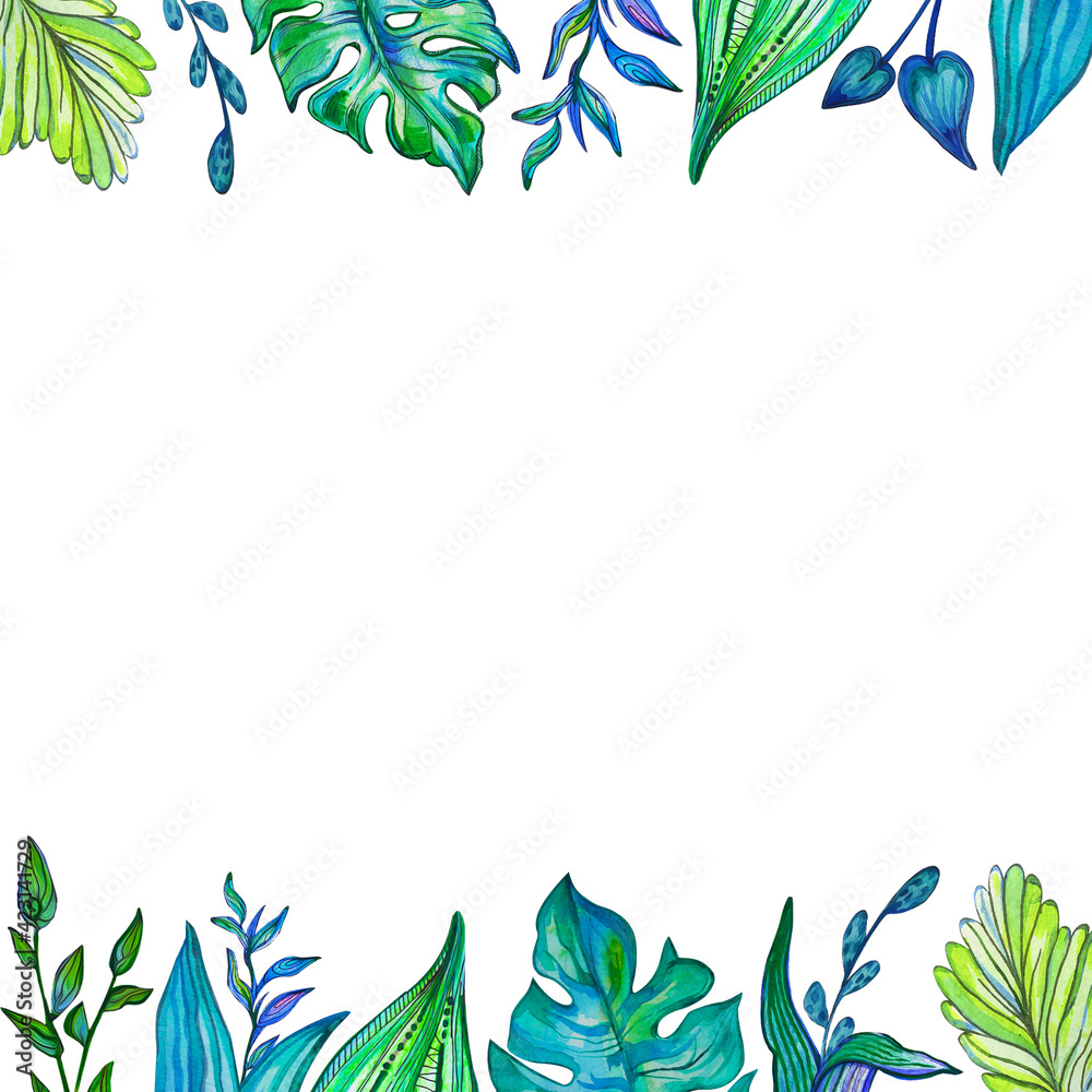 Naklejka premium Summer and spring plants with decorative leaves draw acrylic colors. Monstera stylized leaf. Space for your text. Leaf frame, mockup.