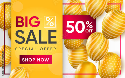 3d poster of Big Sale realistic design. Special offer to 50 percent. Shop now, save money concept. Flyer template with discount prices website background. Vector illustration of advertising web banner