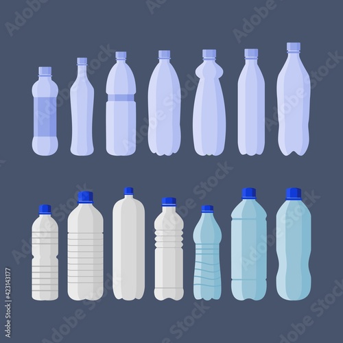 Soft drink and water plastic bottles set. PET plastic for liquids and soda drink isolated vector illustration