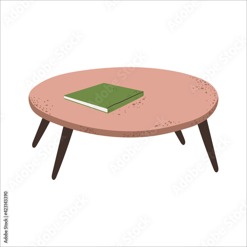 Cute low round coffee table in Scandinavian style. Single cozy wooden desk with book in cartoon flat design. Living room furniture isolated on white background.