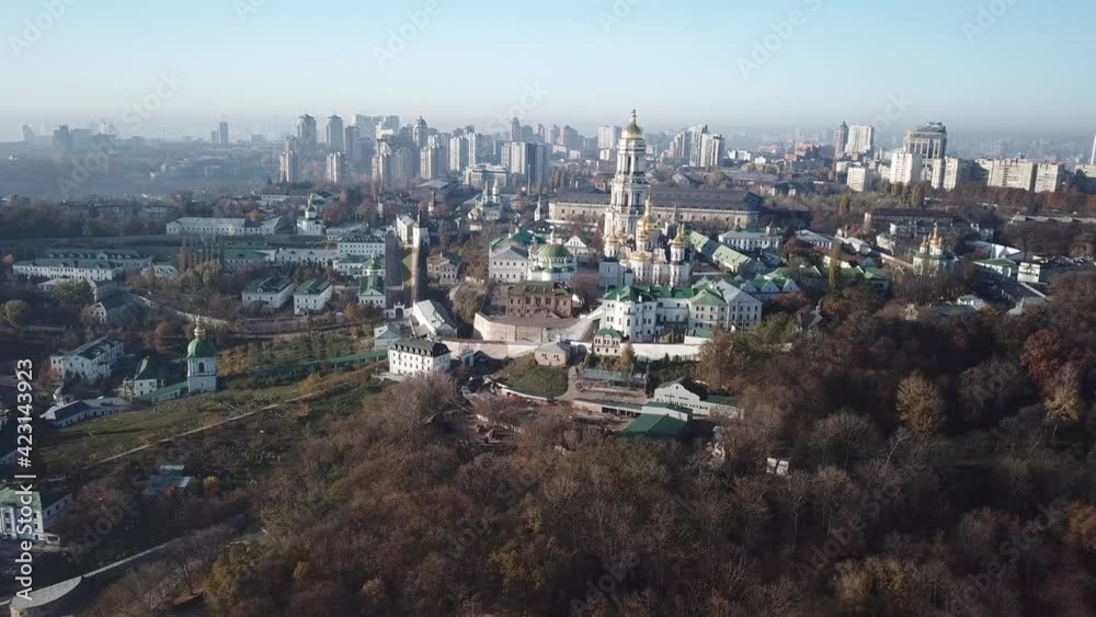 Aerial view Kyiv Pechersk Lavra on hills, center of Kyiv city with view to Dnipro river covered with mornng fog, Kyiv, Ukraine Aerial view Kyiv Pechersk Lavra on hills, center of Kyiv city with view to Dnipro river covered with mornng fog, Kyiv, Ukraine