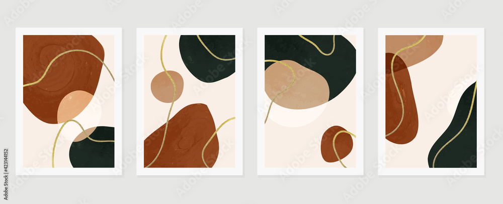 Abstract wall arts vector background collection.  Earth tones Hand drawn organic shape gold line art design for wall framed prints, canvas prints, poster, cover, wallpaper.